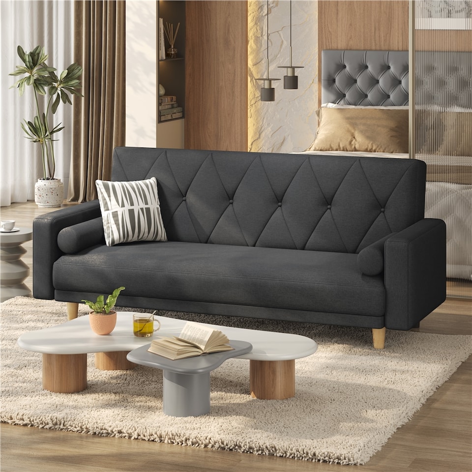 image 1 of Yaheetech Fabric Convertible Sofa Bed with 2 Bolster Pillows-Black