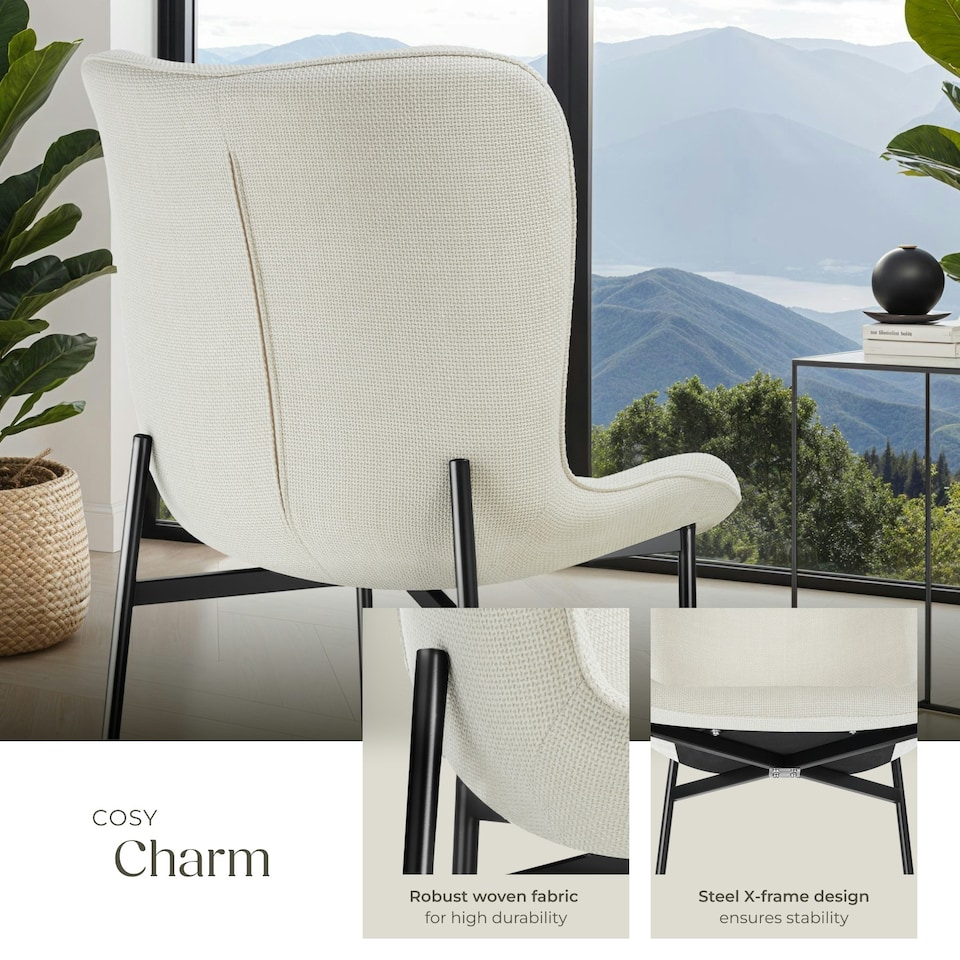 image 1 of Dining Chair Tessa - ergonomic high backrest, slim steel legs, soft fabric - per piece White | Woven Fabric Off-White/Black