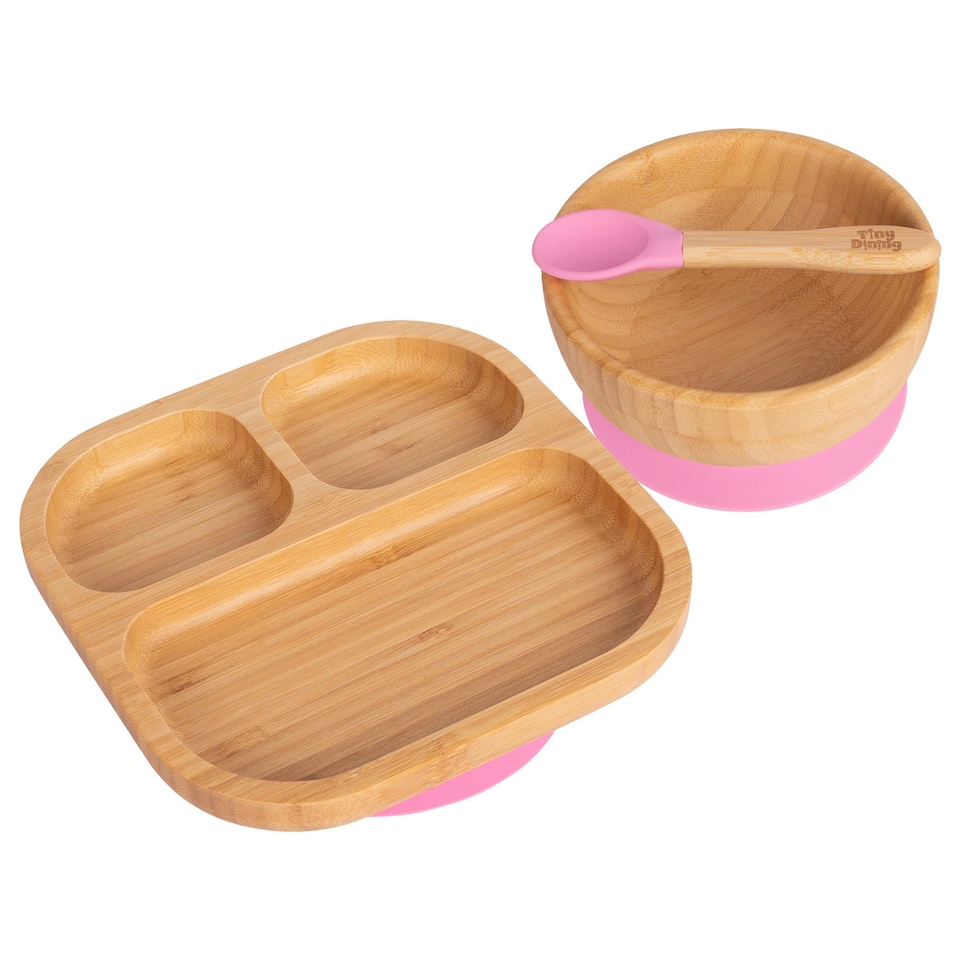 image 1 of Tiny Dining Children's Bamboo Suction Dinner Set - Pink