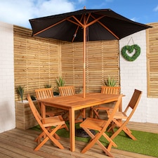 Outdoor 6 Person Rectangular Wooden Garden Patio Dining Table Chairs with Black Parasol and Base Set