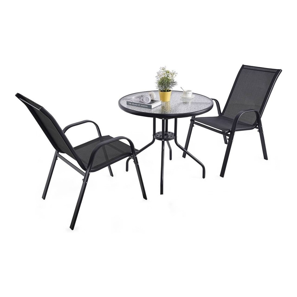 image 1 of 3 Pcs Garden Round Glass Top Table & 2 Chairs Bistro Set