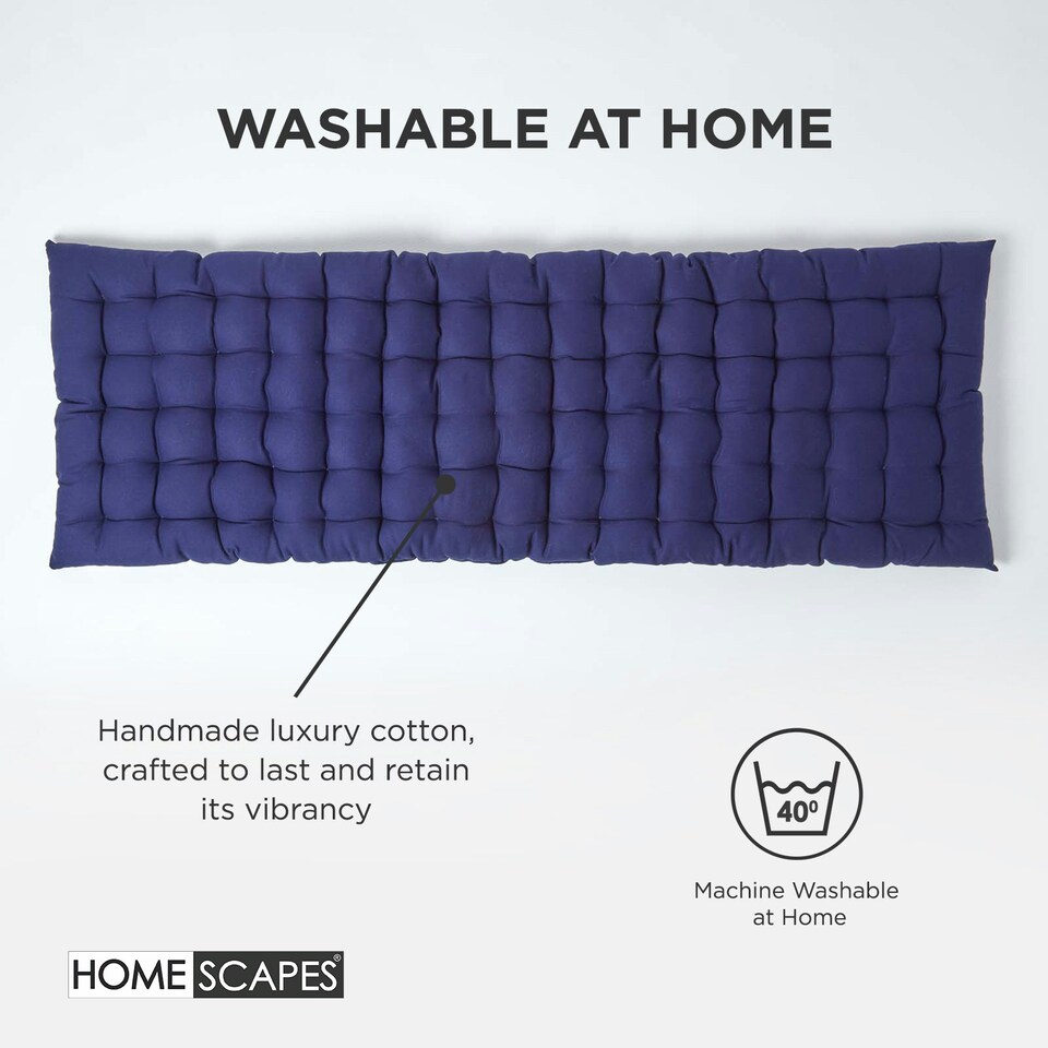 image 1 of Homescapes Garden Bench Cushion Luxury 2 Seater 100% Cotton Indoor Outdoor Seat Pad Navy Blue | 108 x 42 cm