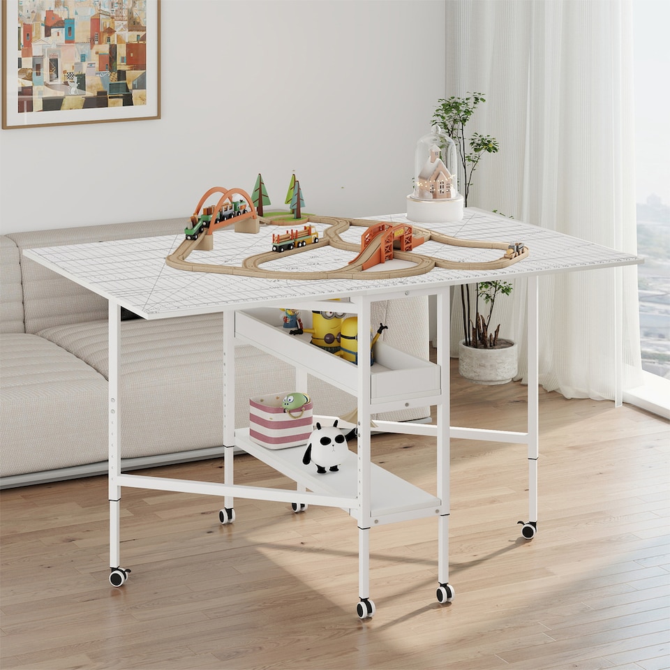 image 1 of Levede Sewing Table Foldable Craft With Grid Adjustable Height Storage Black