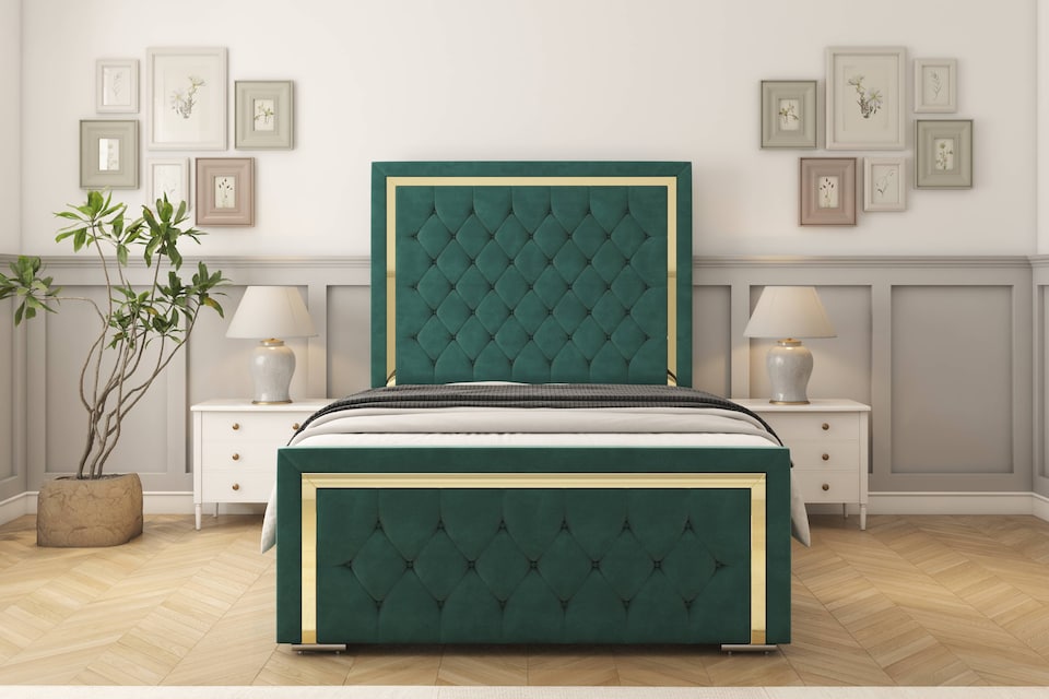 image 1 of Sloomy Sofia Gold Emerald Plush Bed Frame With Mattress With 50" Upholstered Headboard 3' Single