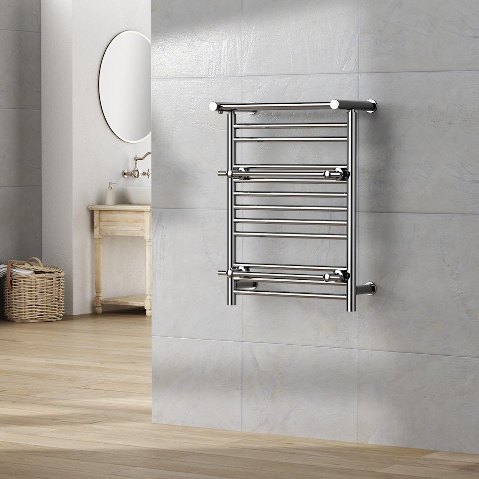 image 1 of 490mm x 680mm Chrome Heated Towel Rail Radiator Top Shelf & Two Towel Holder OSLO For Bathroom & Kitchen Rag Storage Rack