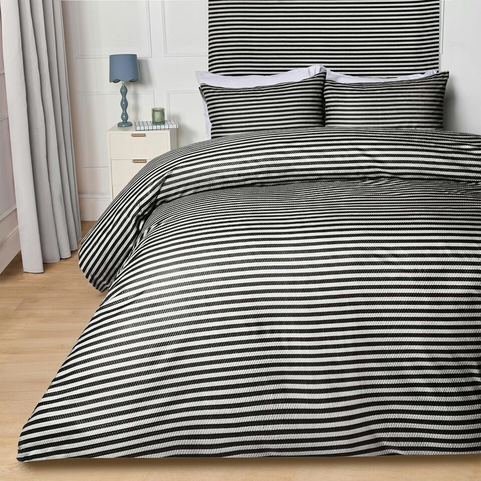 image 1 of OHS Stripe Embossed Soft Cosy Plush Plump Duvet Cover and Pillowcase Bedding Set Black | Black/Off White | King