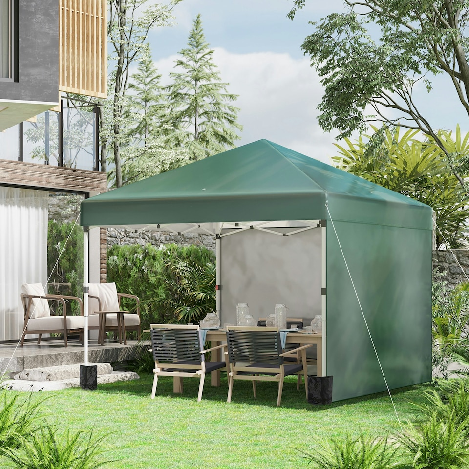 image 1 of Outsunny 3x3 (M) Pop Up Gazebo Party Tent w/ 2 Sidewalls, Weight Bags, Green