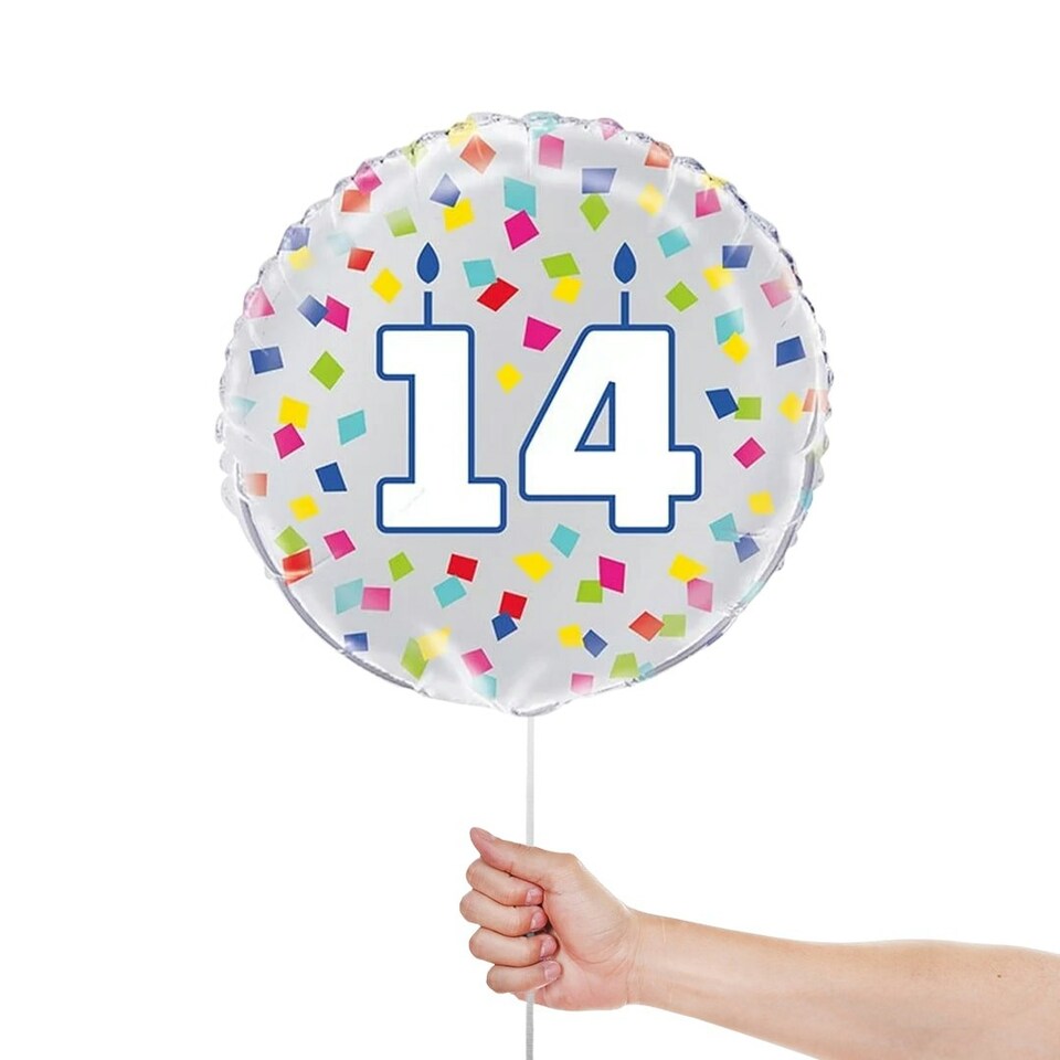 image 1 of Rainbow Confetti Birthday Age 14 Round Foil Helium Balloon 46cm / 18 in