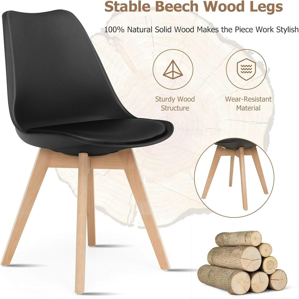 image 1 of Set of 2 Scandinavian Dining Chairs with Leather Cushions Solid Wood Legs Black