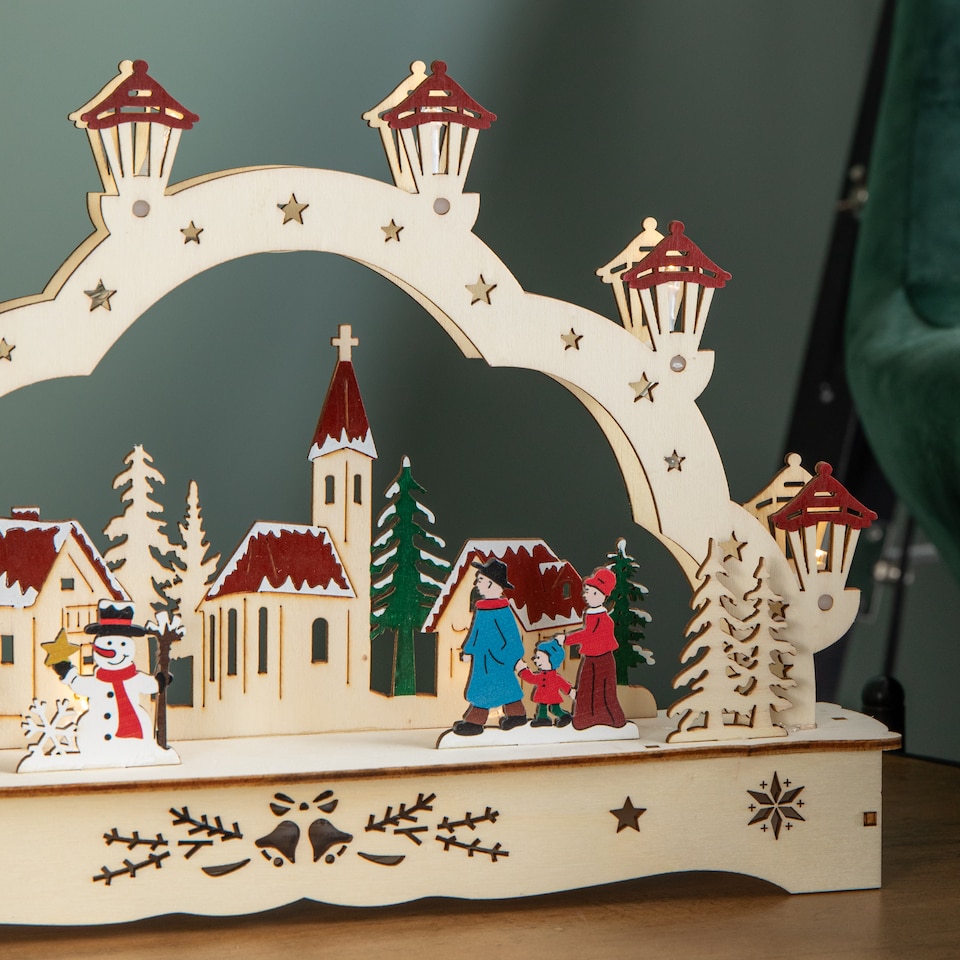 image 1 of 28cm Battery Operated Wooden Christmas Festive Village with LEDs