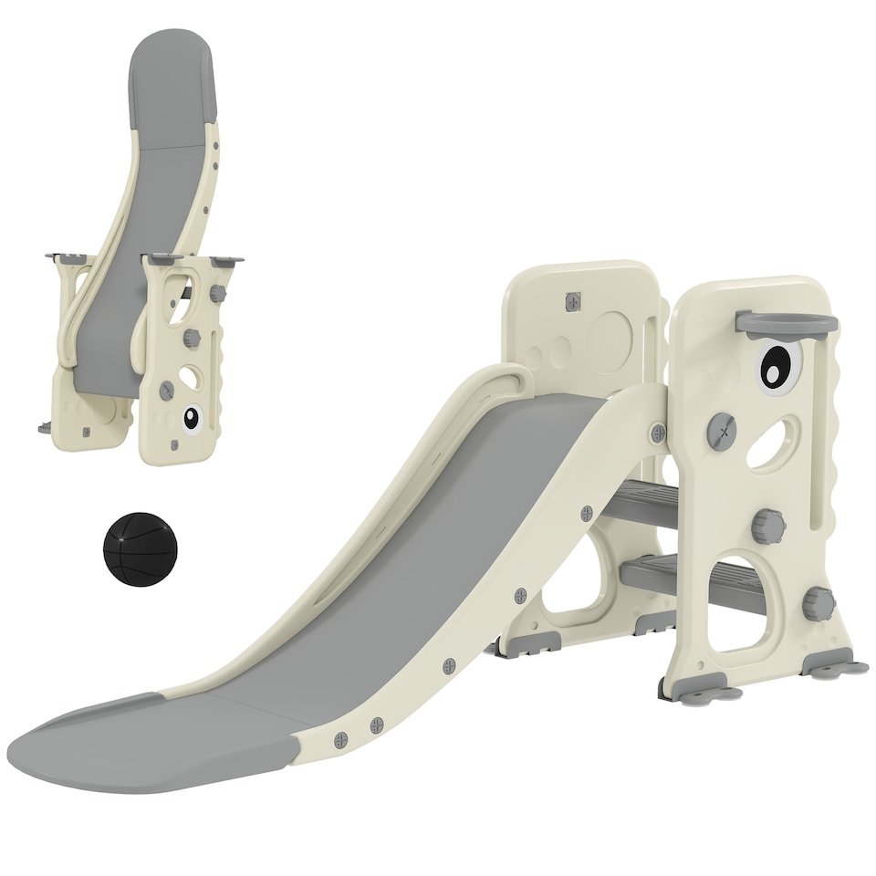 image 1 of AIYAPLAY Foldable Kids Slide with Climber, Basketball Hoop, Cream White