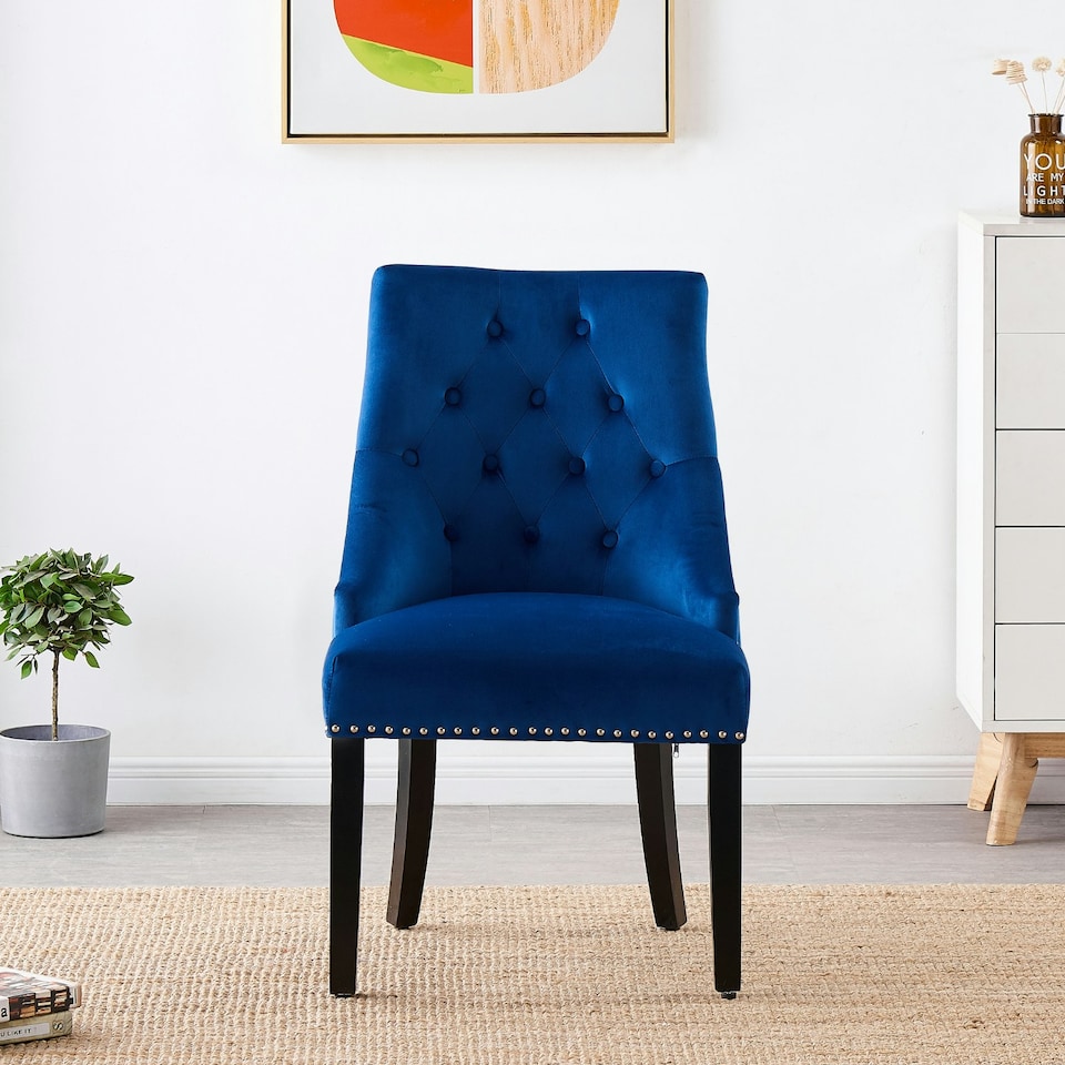 image 1 of Single Velvet Dining Chair Ergonomic Scoop Knockerback & Button Tufted Wood Legs Blue