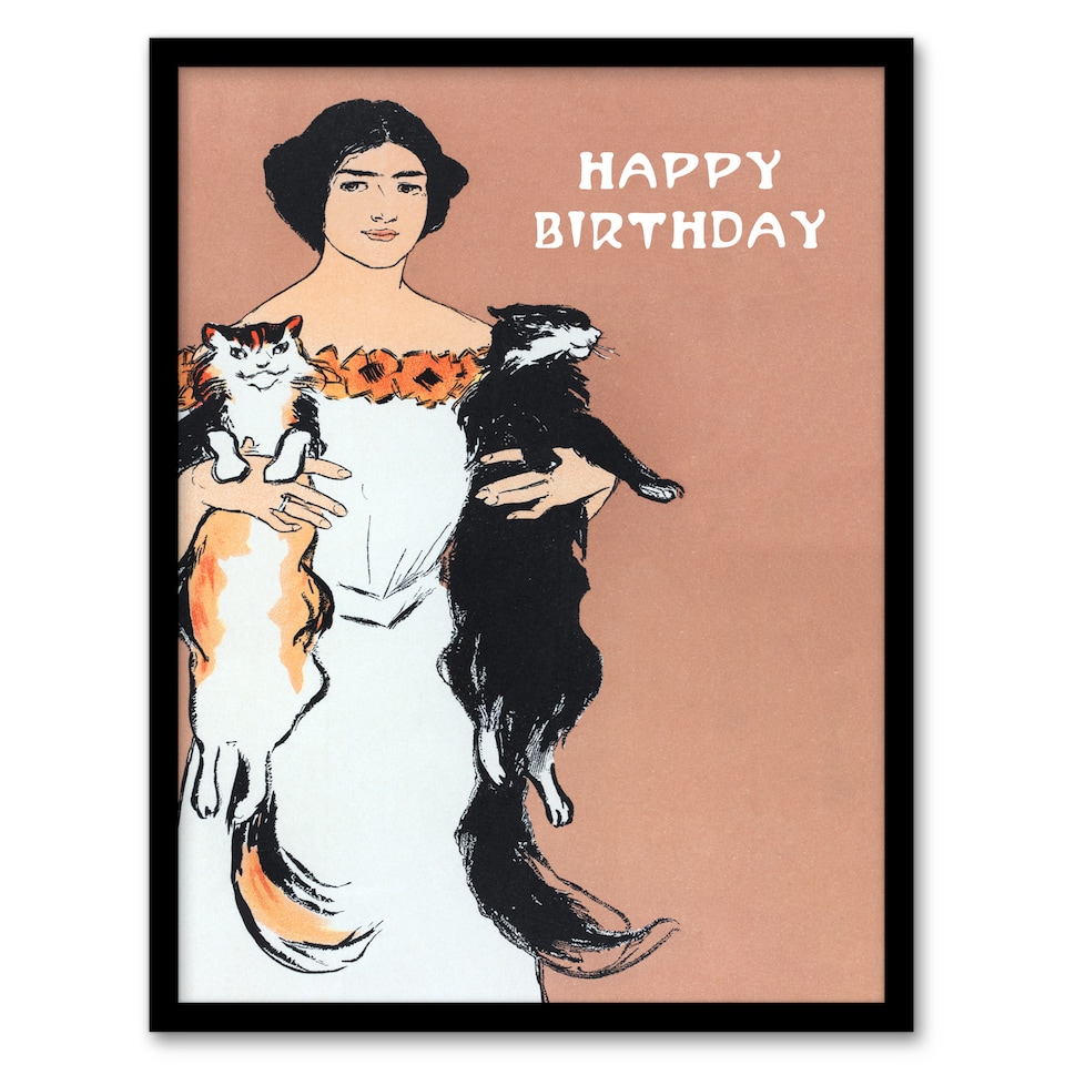 image 1 of Edward Penfield Framed Wall Art Print Woman Holding Two Cats Drawing Home Décor