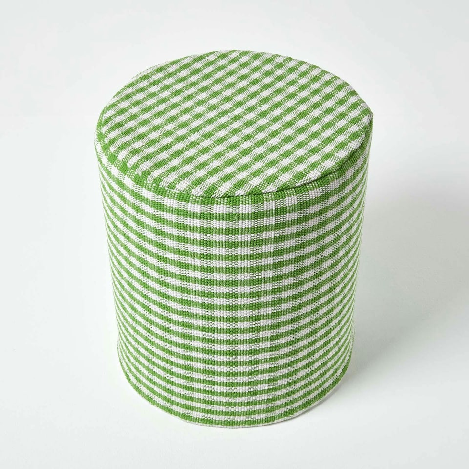 image 1 of Homescapes Green Gingham Check Round Pouffe Cotton - 40 x 42 cm | Green | 40 x 40 x 42 cm