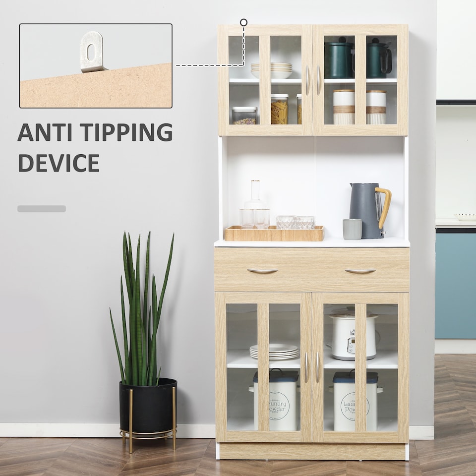 image 1 of HOMCOM Modern Kitchen Cupboard, Freestanding Storage Cabinet Hutch with Central Drawer, 2 Glass Door Cabinets and Countertop, 180cm