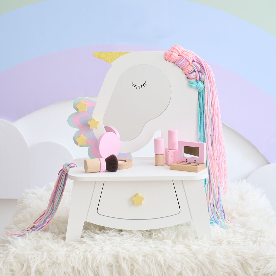 image 1 of Teamson Kids Unicorn Vanity Set with Mirror, Drawer & Pretend Makeup