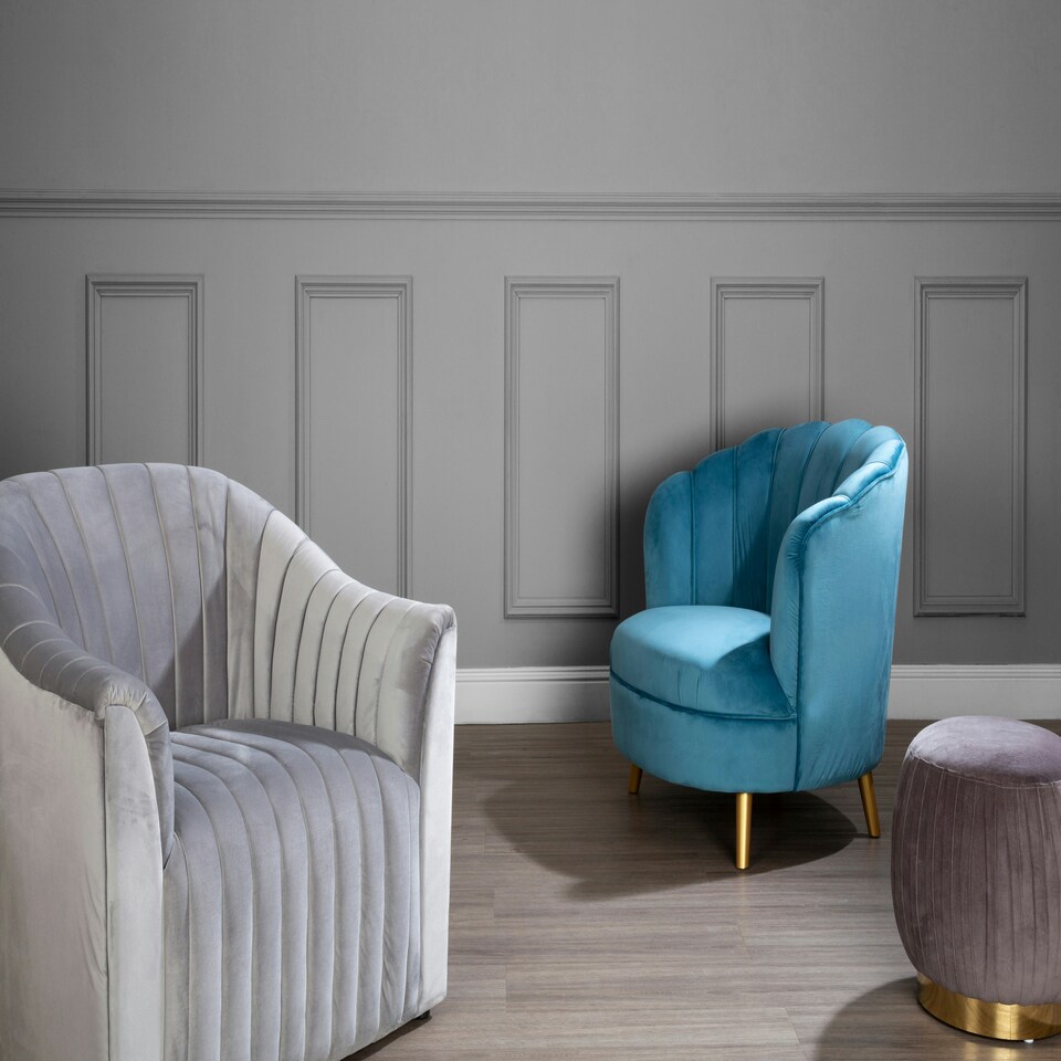 image 1 of Interiors by Premier Blue Velvet Scalloped Armchair, Supportive Armrest Lounge Chair, Easy to Clean Velvet Accent Chair