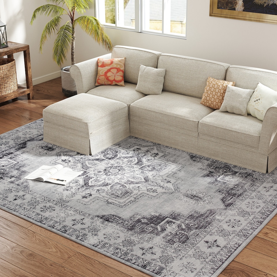 image 1 of HOMCOM Vintage Area Rug, Non-Slip Washable Rug, Flannel Floor Carpet for Living Room, Bedroom, Dining Room, Home Office, 290 x 200 cm, Grey | Grey