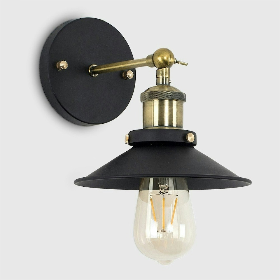 image 1 of ValueLights Industrial Steampunk Style Black And Antique Brass Single Wall Light With Shade