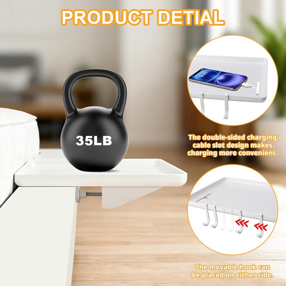 image 1 of Bedside Shelf for Bunk Beds & Bed Frames - Floating Bedside Tray with 4 Hooks, No-Drill Installation - Ideal for Dorm Rooms, Kids Rooms & Small Spaces (White)
