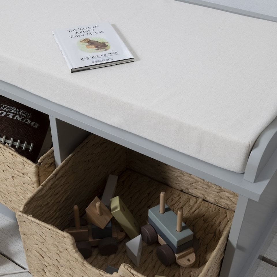 image 1 of Stockholm Storage Bench with 3 Brown Baskets in Silk Grey
