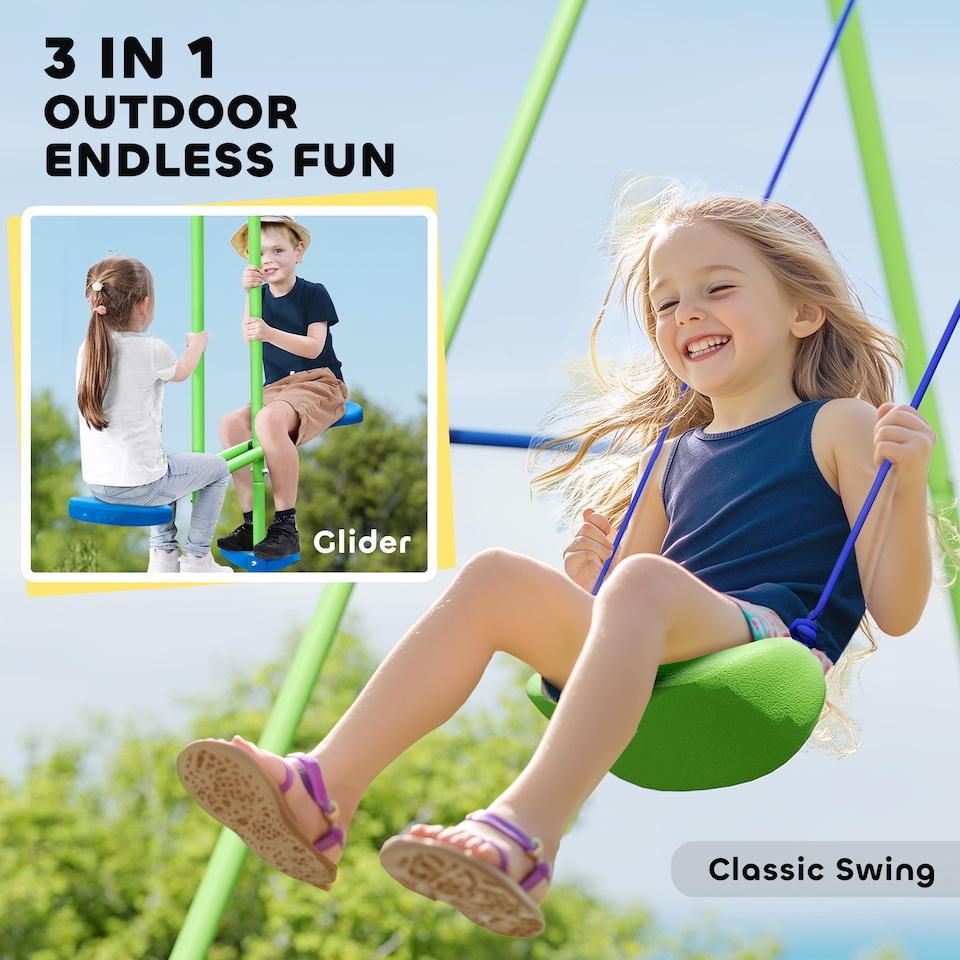 image 1 of Outsunny Kids Metal Garden Swings Set w/ Glider, Adjustable Height, Green