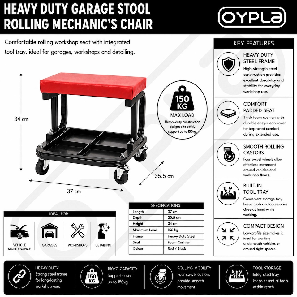 image 1 of Heavy Duty Garage Stool Rolling Mechanics Chair Crawling Seat | Red