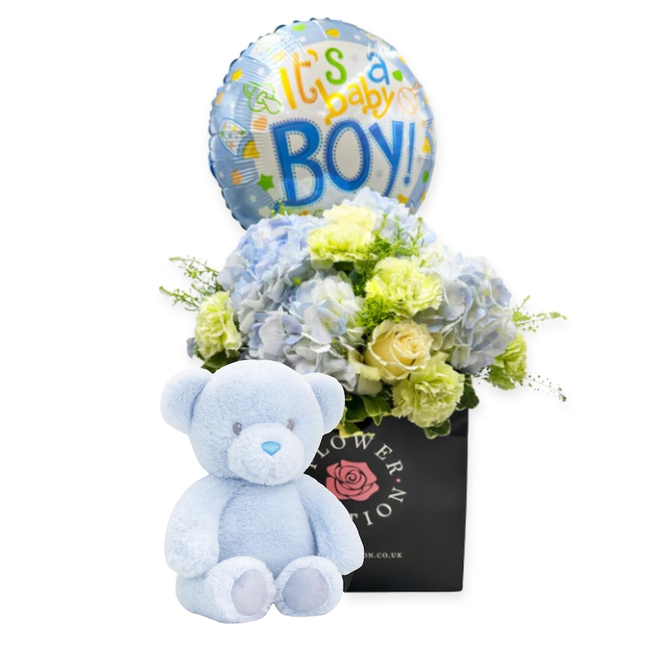 image 1 of New Baby Boy Gift Set with Flowers Bouquet and Bear