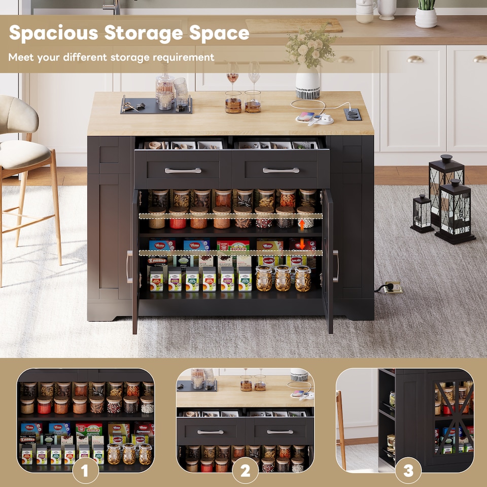 image 1 of VILUXE Mobile Kitchen Island with Foldable Worktop, 2 AC Sockets, 2 USB Ports, Glass Doors, Adjustable Shelves and Lockable Wheels, Black and Natural