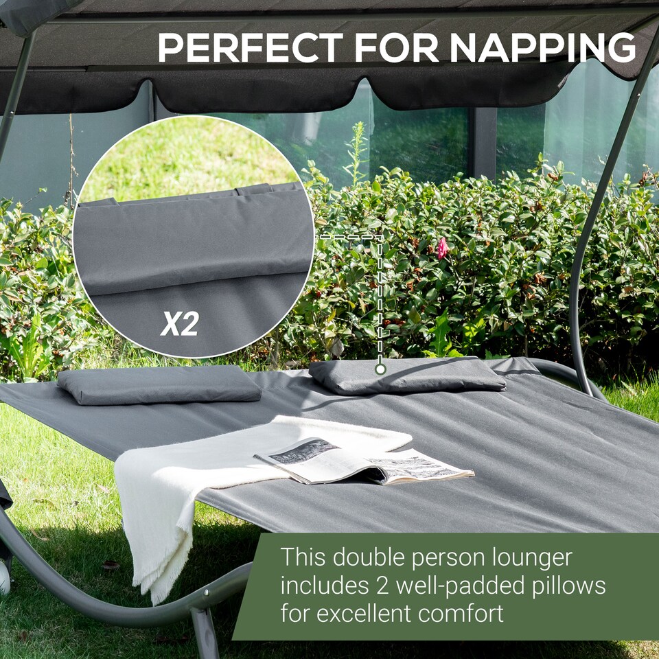image 1 of Outsunny Double Sun Lounger with Adjustable Detachable Canopy, Portable Garden Daybed for 2 with Wheels, Outdoor Sunbed Hammock with 2 Pillows, 220 KG Max. Load, Grey