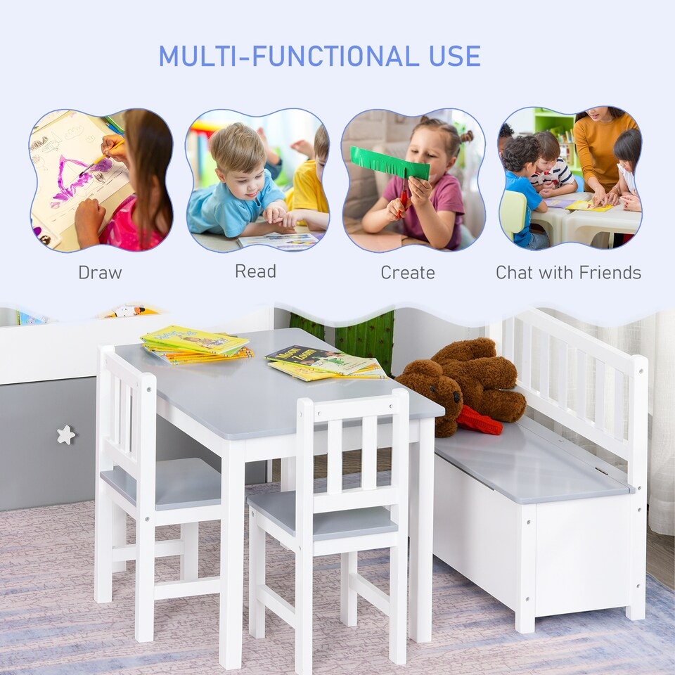 image 1 of HOMCOM 4-Piece Set Kids Wood Table Chair Bench w Storage Function for 3 Years