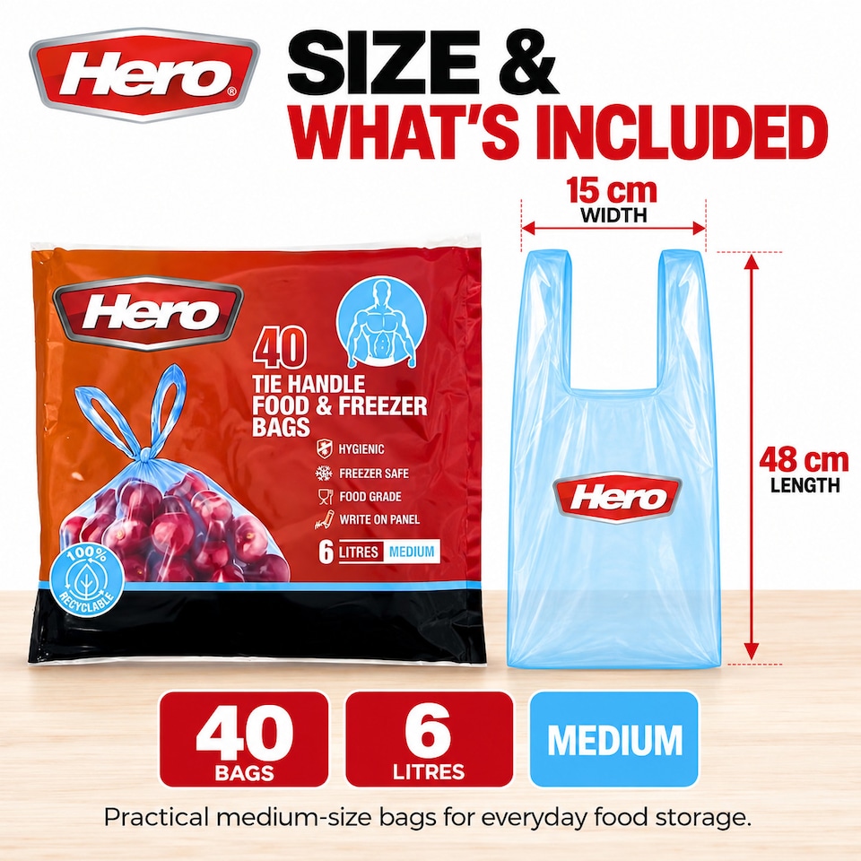 image 1 of Hero Tie Handle Food Storage Bags 6L Pack of 40 Reusable BPA Free Freezer & Sandwich Bags with Airtight Seal for Fruits, Vegetables, Meat and Grains