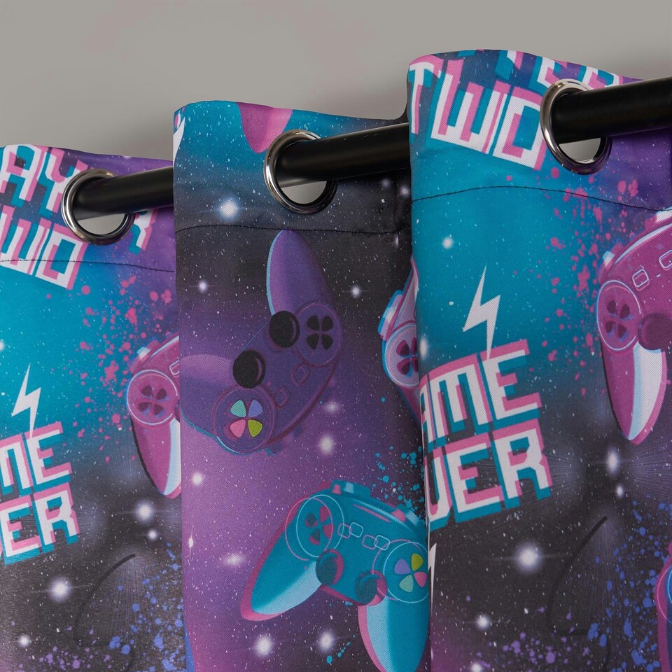 image 1 of OHS Kids Gaming Blackout Eyelet Curtains Ring Top Ready Made Panel Pair, 46x72" Purple | Neon Purple