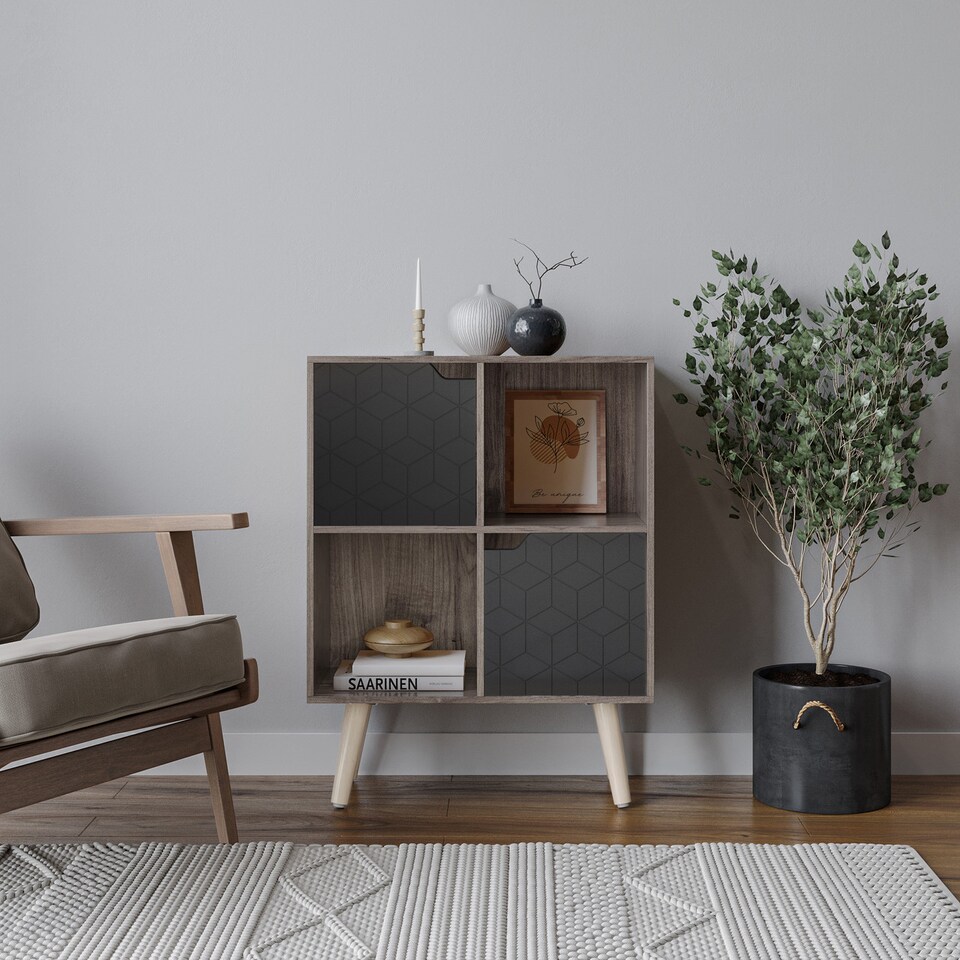 image 1 of Anthracite Oak 4-Cube Storage Unit with 2 Geo Doors and Legs | Black | Black & Pine | 1