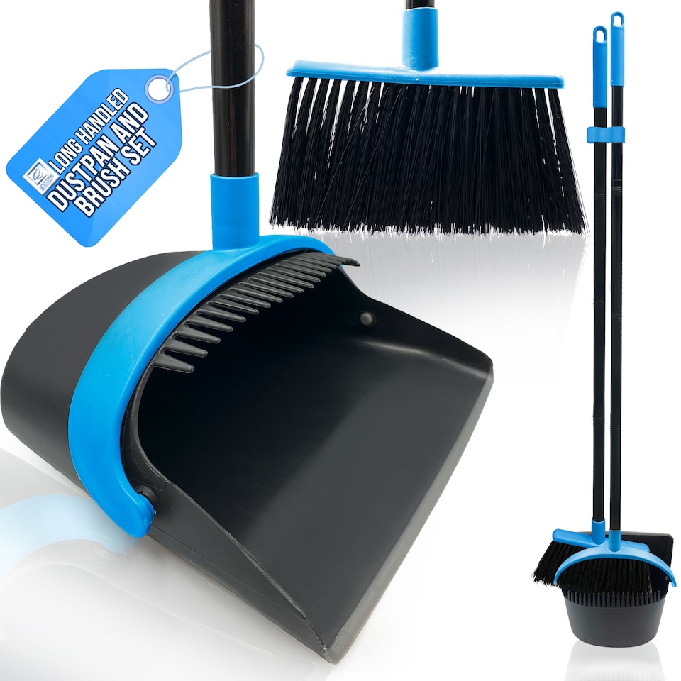 image 1 of Long Handled Dustpan and Brush Set Upright Sweeping Broom with Built-In Bristle Cleaner