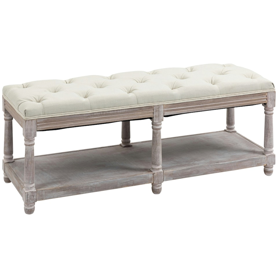 image 1 of HOMCOM 2-Tier Bed End Bench, Vintage Stool Button Tufted Window Seat Cream White Grey