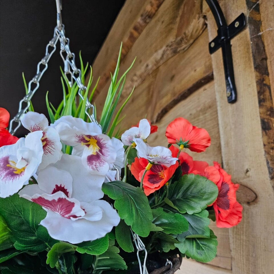 image 1 of Pair of 30cm 10 Inch Red & White Pansy Flower with Decorative Rattan Hanging Baskets for Indoor Outdoor Garden Use | Red | Red & White | 1