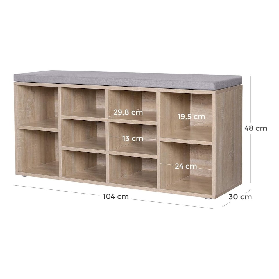 image 1 of 10-Compartment Shoe Storage Bench Cabinet with Cushion Seat, Oak Colour