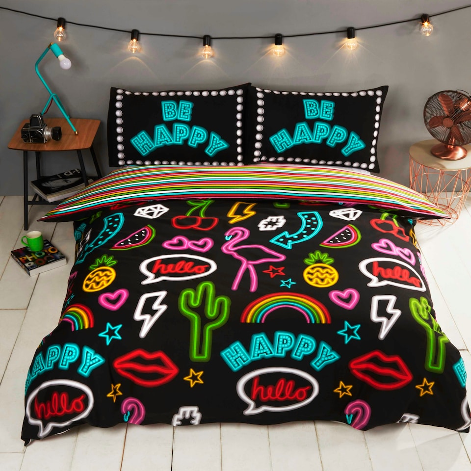image 1 of Be Happy Neon Polycotton Reversible Duvet Cover Set and Pillowcase | Multi | Double | 1