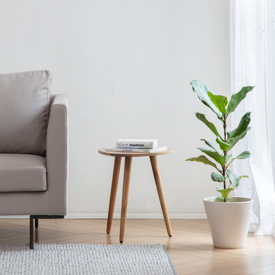 image 1 of MH London Tora Triangle Side Table, Mango Wood End Table with Tripod Legs