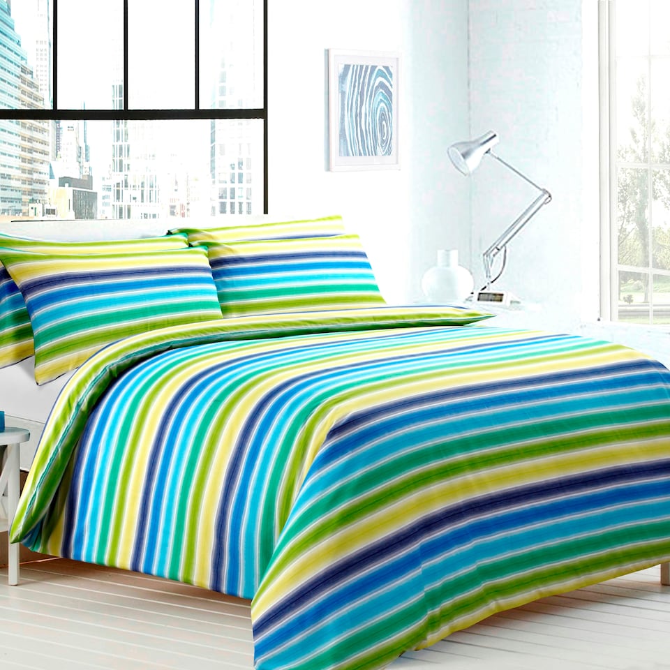 Velosso Stripes Printed Cotton Blend Blue Duvet Cover and Pillowcase Set Blue | King