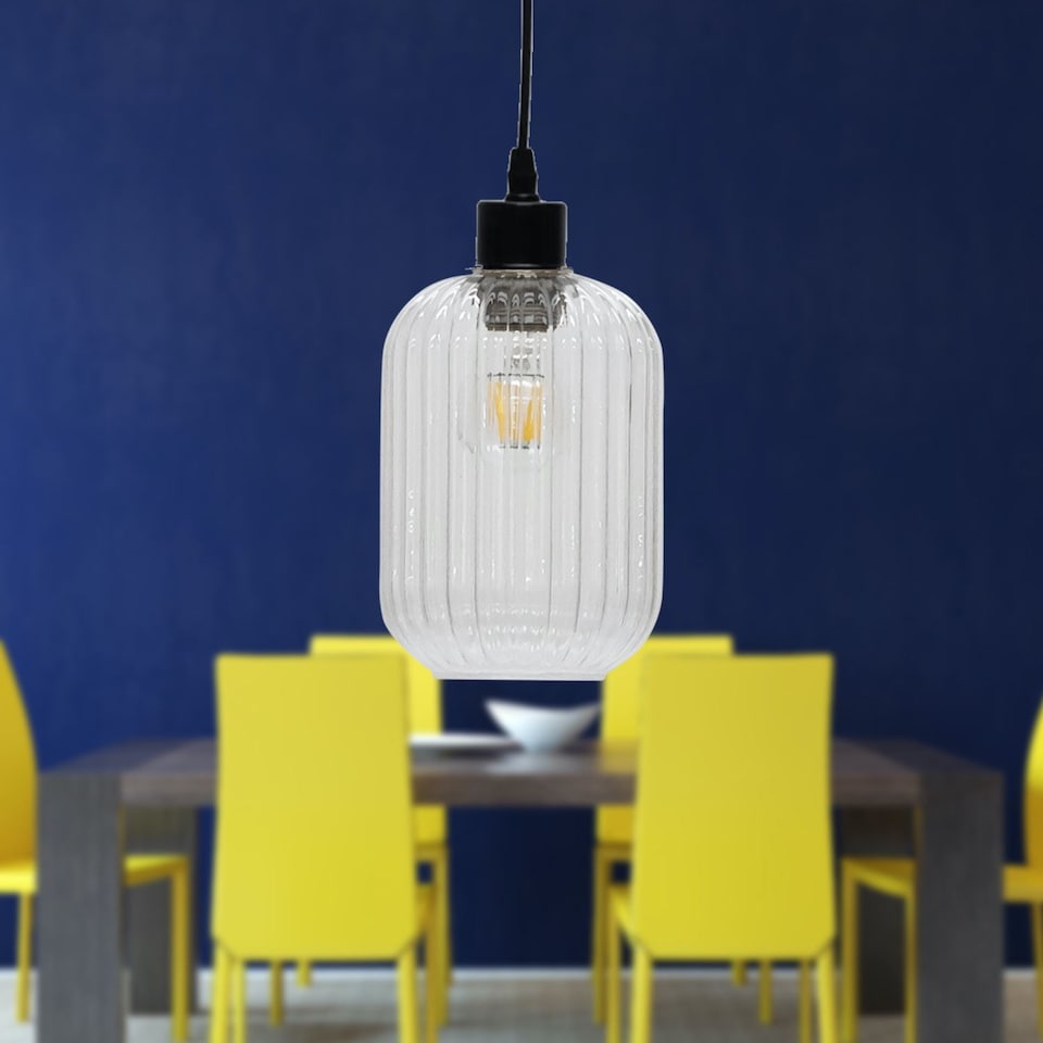 image 1 of Set of 2 Batley - Clear Ribbed Glass with Black Pendant Fittings | Clear | Clear | 2