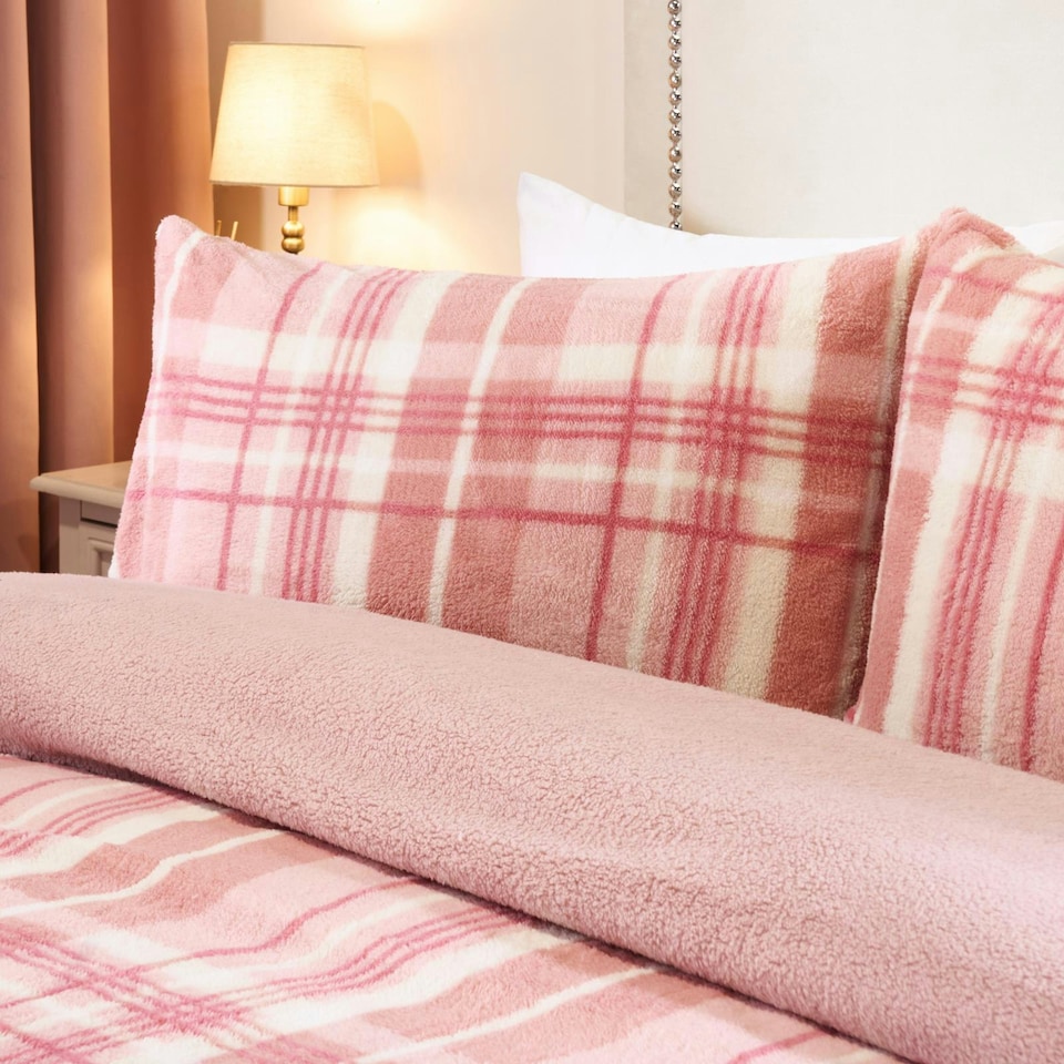 image 1 of OHS Ultra Soft Tartan Check Teddy Duvet Cover Set Pink | Blush | Super King