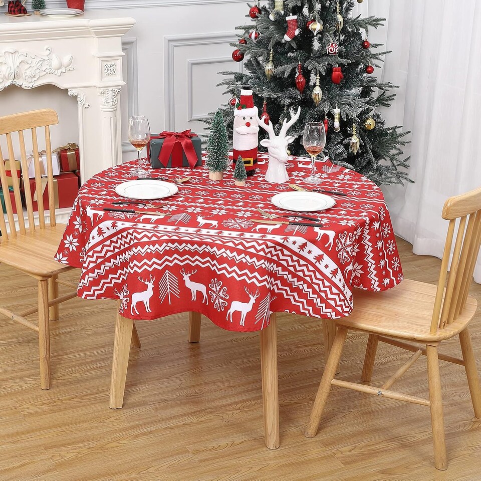 image 1 of London Boutique Round Christmas Tablecloth, Stain‑Resistant Wrinkle‑Resistant, Snowflake and Reindeer Print, Red, 60 in