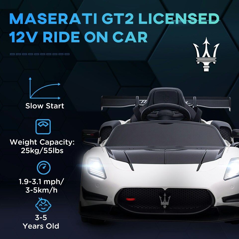 image 1 of AIYAPLAY Maserati GT2 Licensed 12V Electric Ride on Car w/ Remote, White