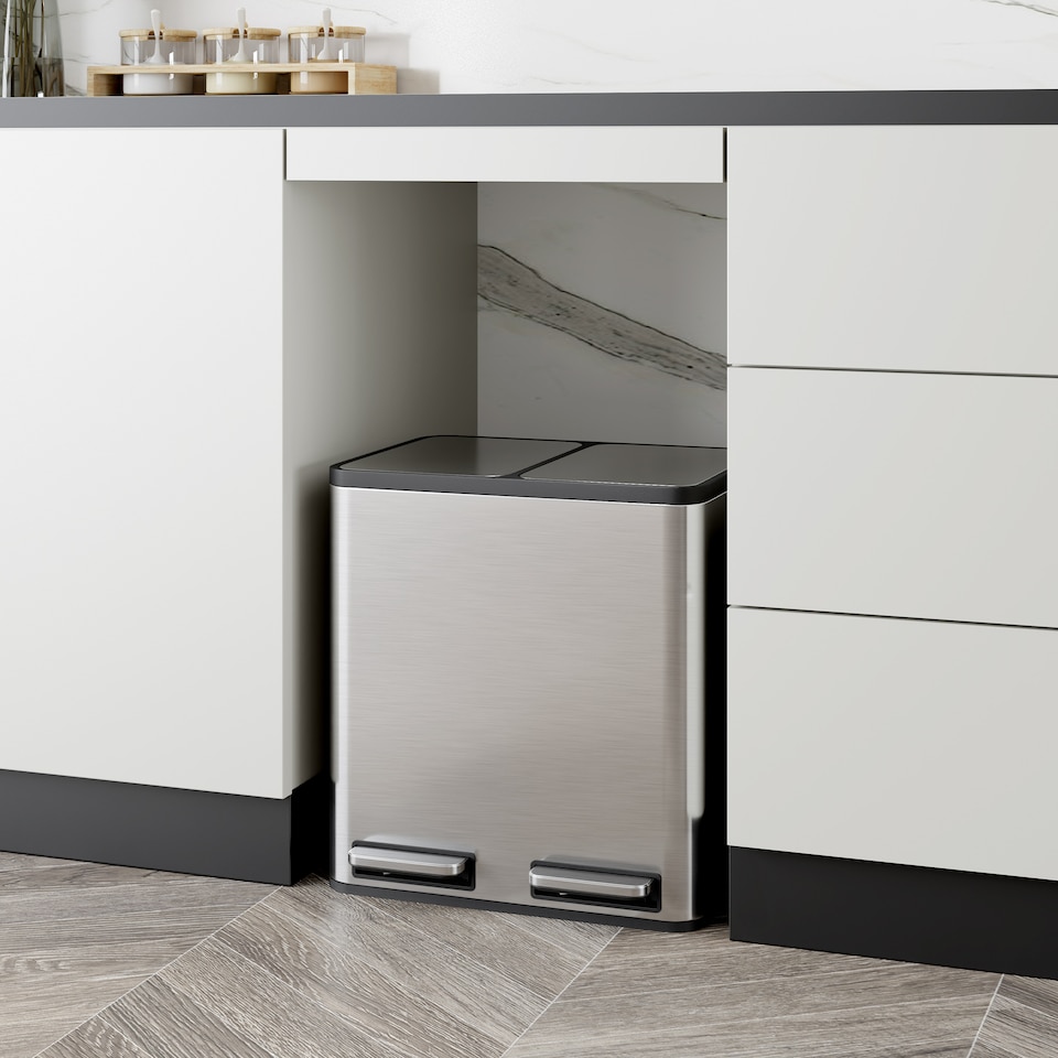 image 1 of VonHaus Cream 30L Waste & Recycling Kitchen Bin, 2 x 15L Compartment Stainless Steel Pedal Bin w/ Non Slip Base, Removable In-Bins | Chrome | Stainless Steel | 45L