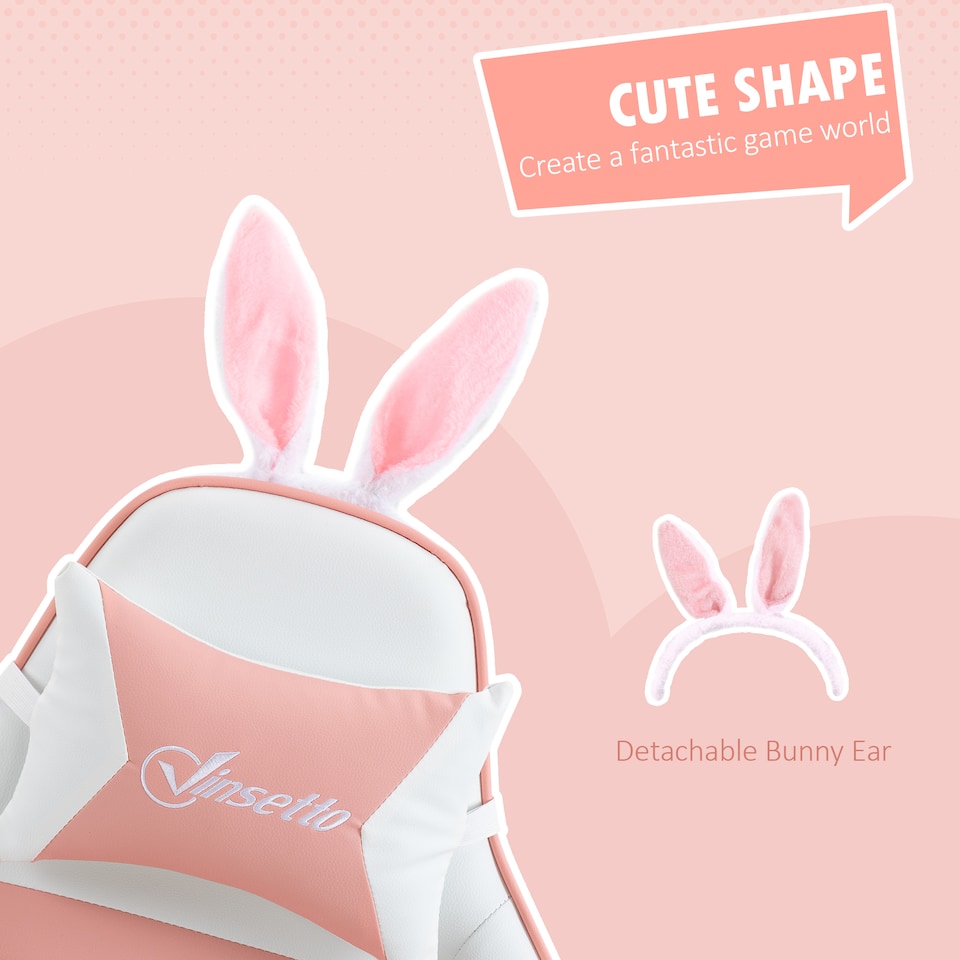 image 1 of Vinsetto Racing Gaming Chair, Reclining PU Leather Computer Chair with Removable Rabbit Ears, Footrest, Headrest and Lumber Support, Pink