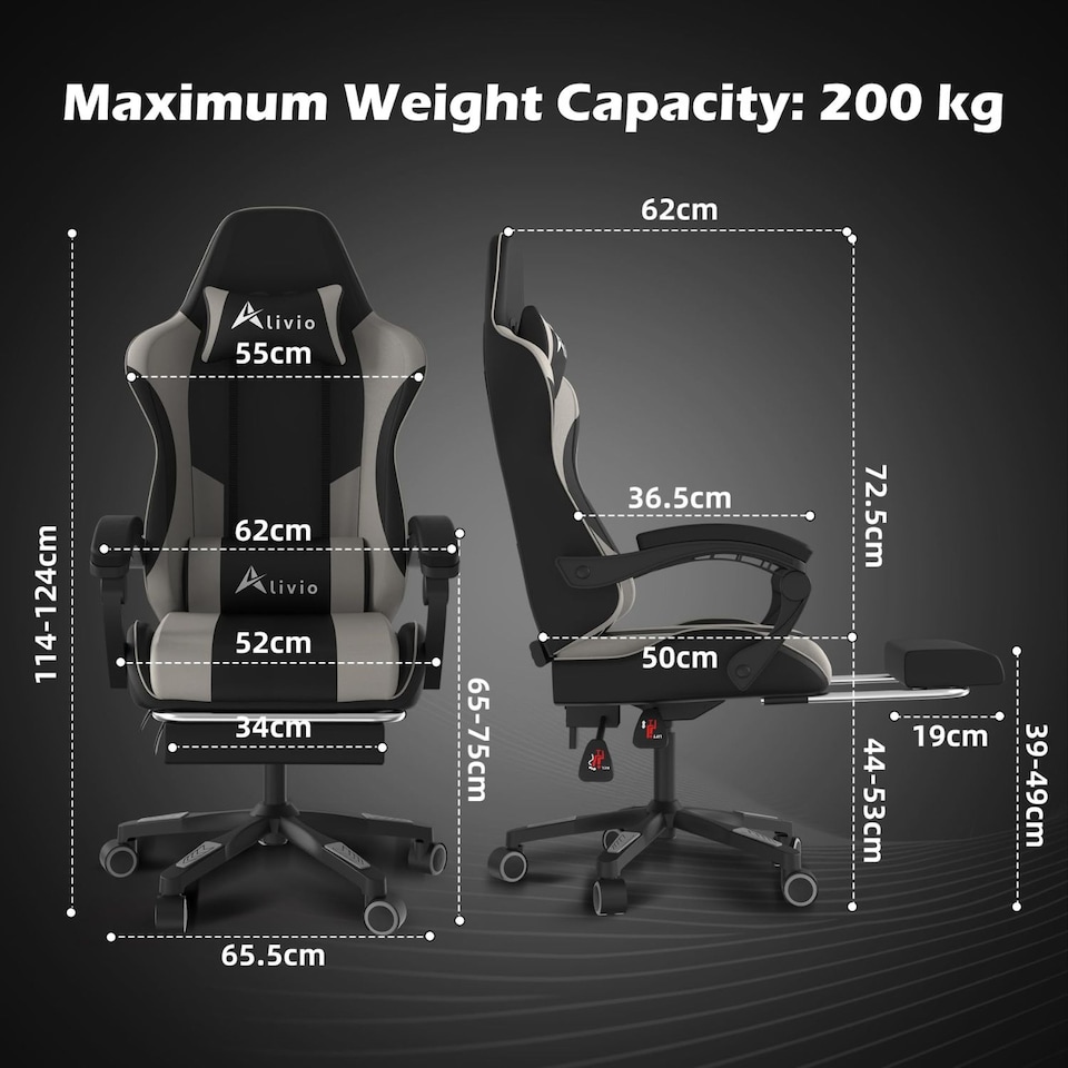 image 1 of Alivio Ergonomic Gaming Chair with Massage Lumbar Cushion & Retractable Footrest, PU Leather Video Game Chair (Grey)