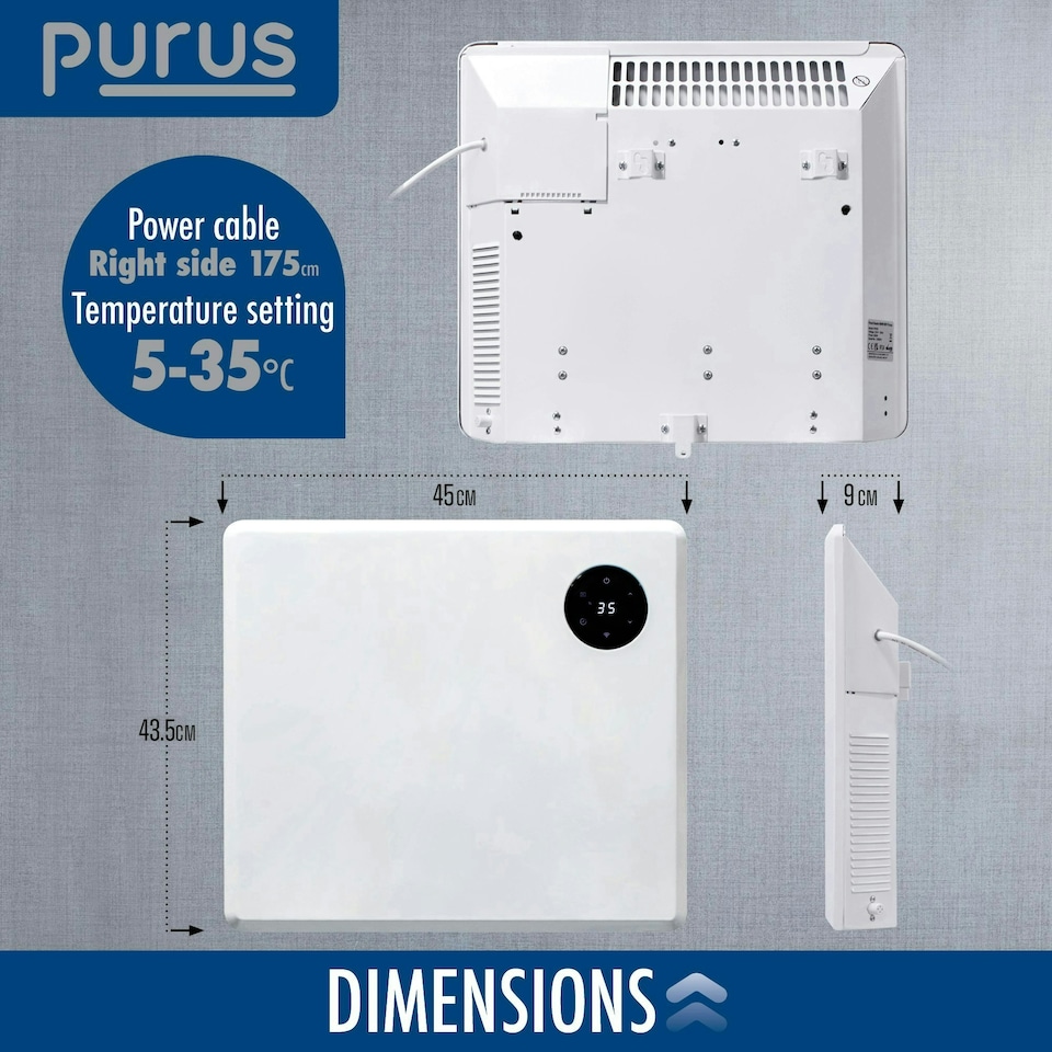 image 1 of Purus 600W Smart Wifi Eco Heater Electric Panel Radiator Wall Mounted White