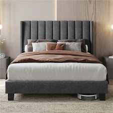 Yaheetech 135 cm W x 190 cm L Upholstered Bed Frame with Wing Side Dark Grey